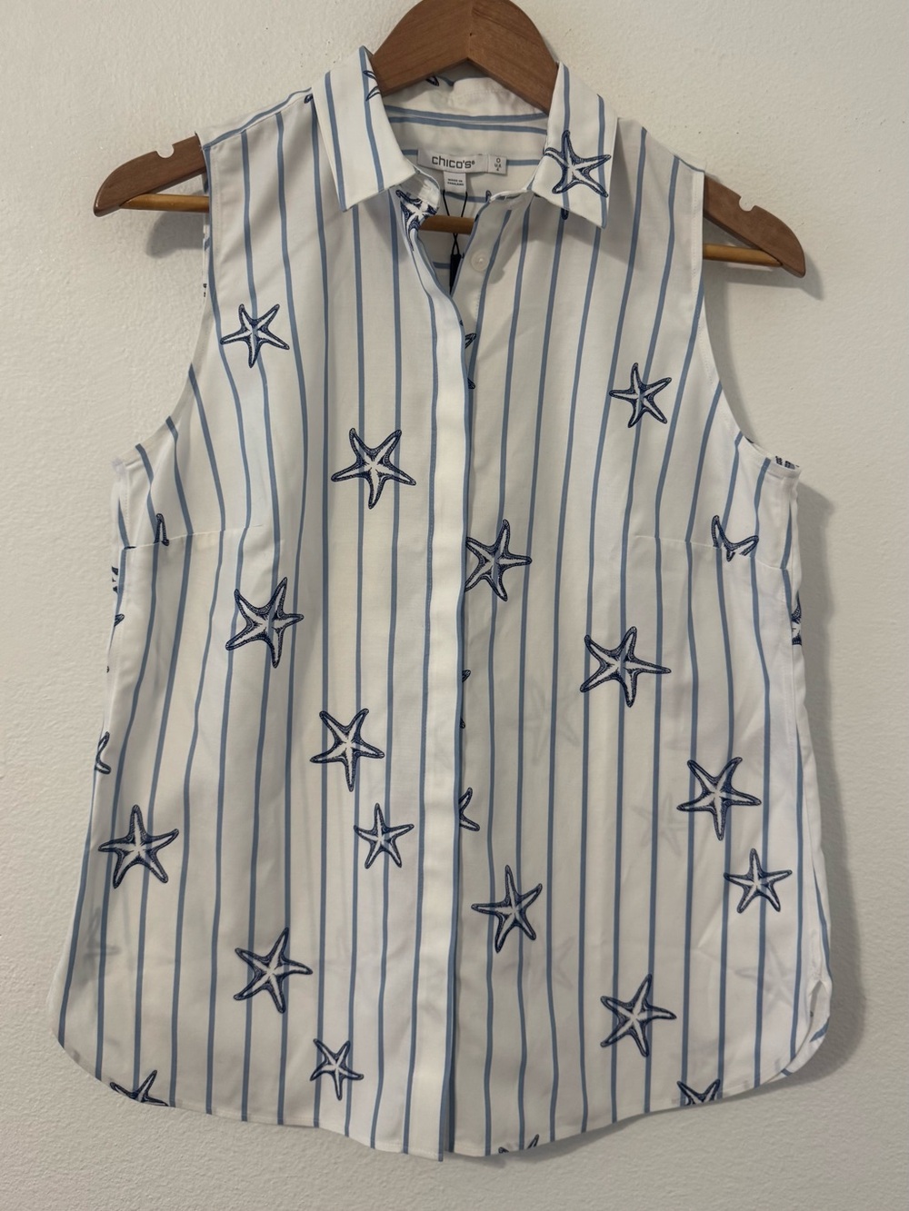 Chicos No Iron Starfish Striped Sleeveless Sateen Shirt Beachy Coastal NWT Sm 4